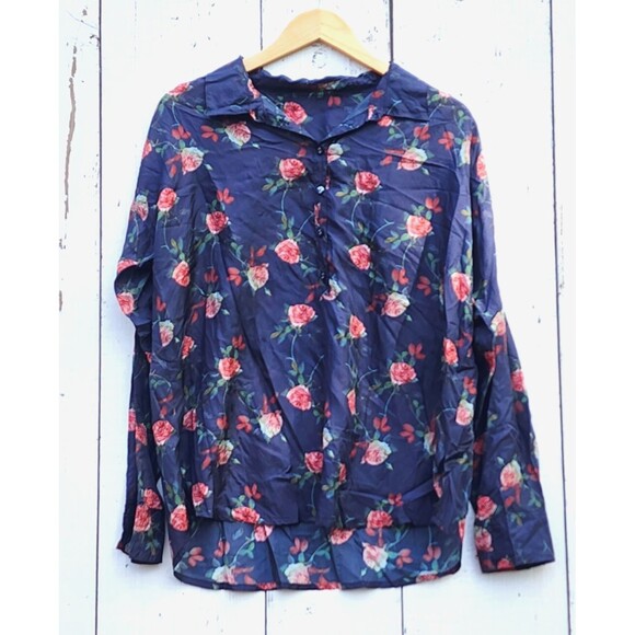Johnny Was Tops - Johnny Was Women Navy Rose Collared Long Sleeve Silk Button Up Shirt L / XL READ